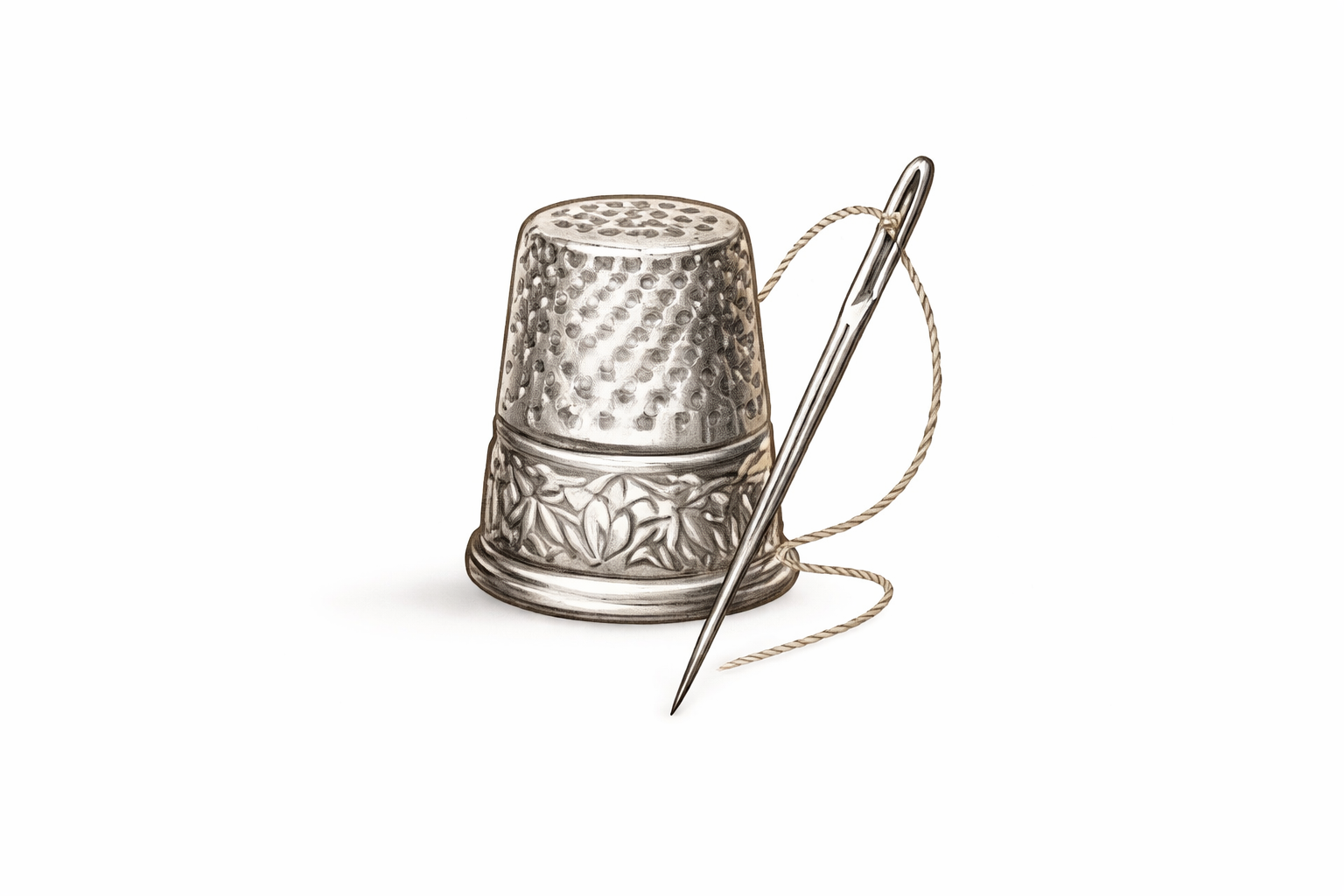 antique thimble and needle close up